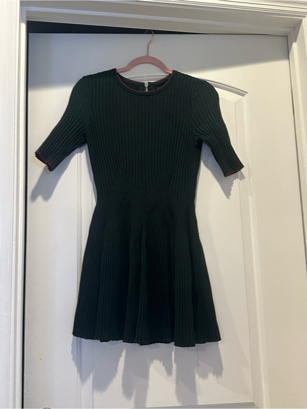 Ted Baker London Dark Green Ribbed Fit-and-Flare Mini Dress with Maroon Trim
